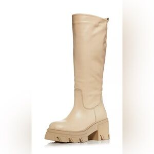 Aqua Goal Platform Leather Knee-High Boots Bone Size 8